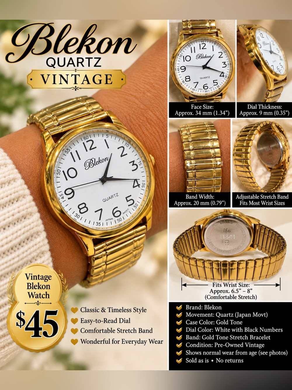 Vintage broken Gold tone Quartz Watch
